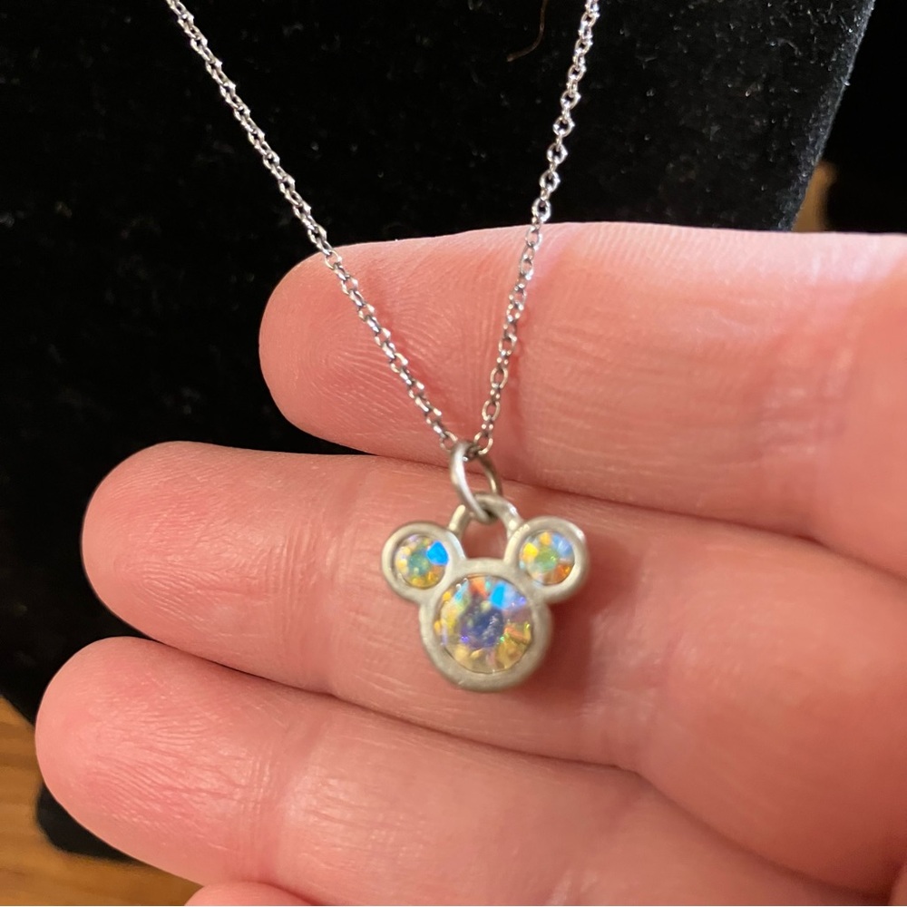 Disney Mickey Mouse AB Rhinestone Silver Tone Necklace 17.5”